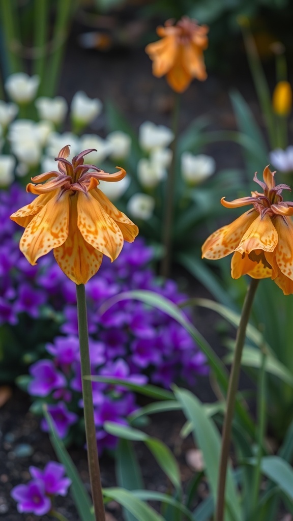 Orange Fritillaria flowers with purple and white flowers in the background