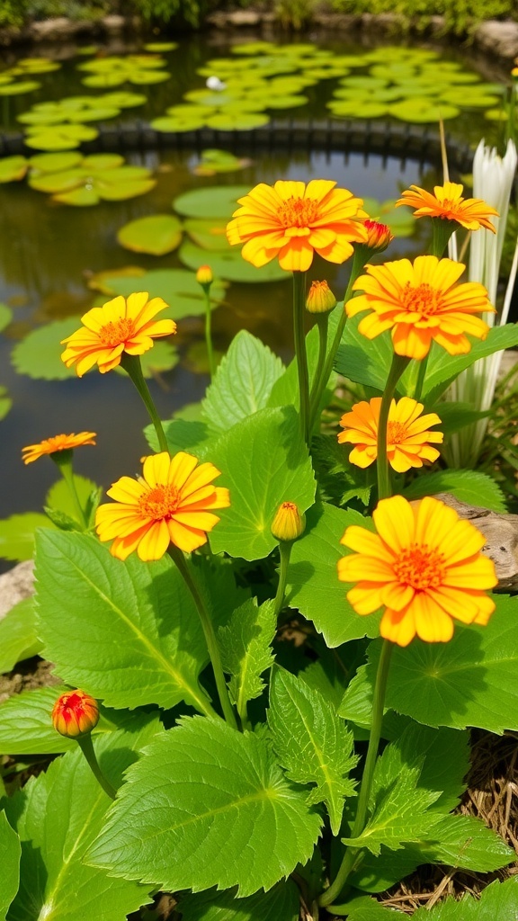A cluster of bright orange marsh marigold flowers near a pond
