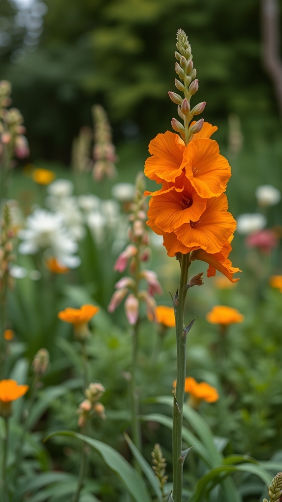 A tall orange snapdragon flower with green leaves and other flowers in the background.