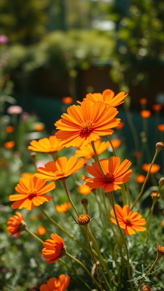 A vibrant display of orange cosmos flowers in a garden