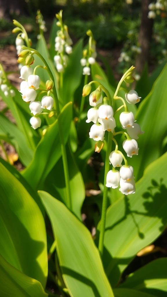 A cluster of orange lilies of the valley with green leaves in the background.