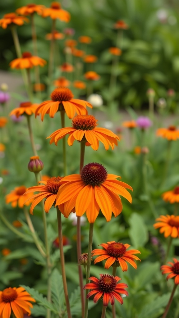A vibrant display of Orange Echinacea flowers in a garden