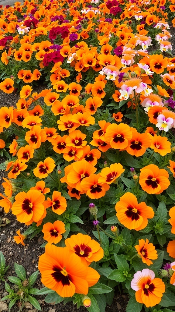 A vibrant display of orange pansies with hints of pink and purple flowers in a garden.