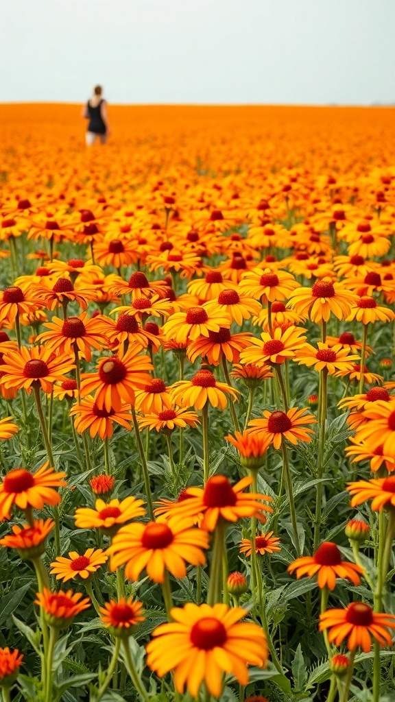 A field of orange Rudbeckia flowers with a person walking in the background.