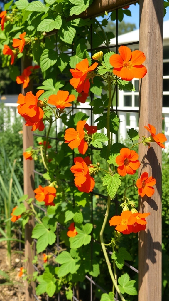 A trellis covered with vibrant orange nasturtium flowers against a green backdrop.