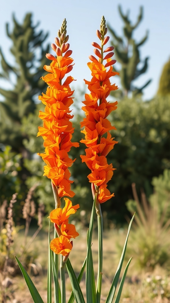 Tall spikes of vibrant orange gladiolus flowers in a garden setting