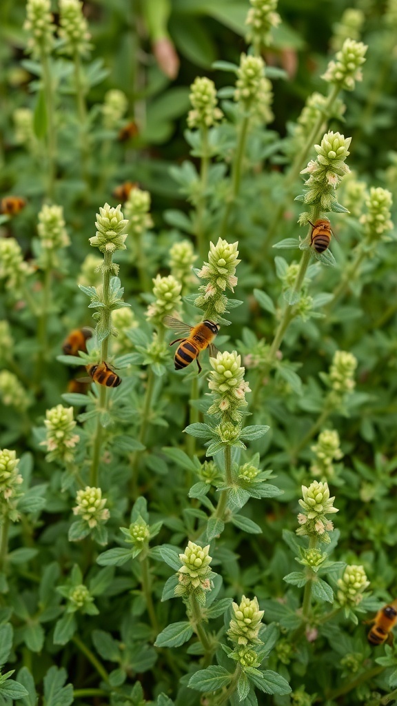 Close-up of oregano plants with bees pollinating the flowers