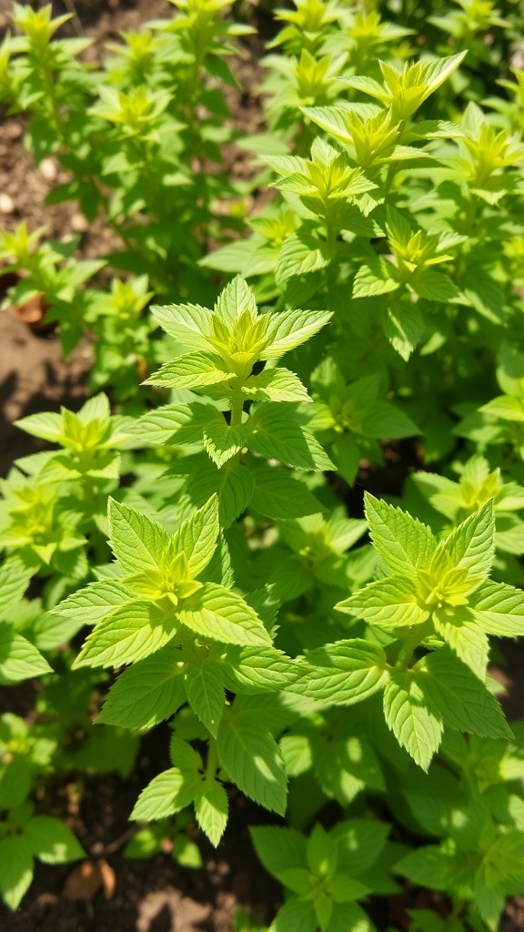 Lush green leaves of lemon balm in a garden