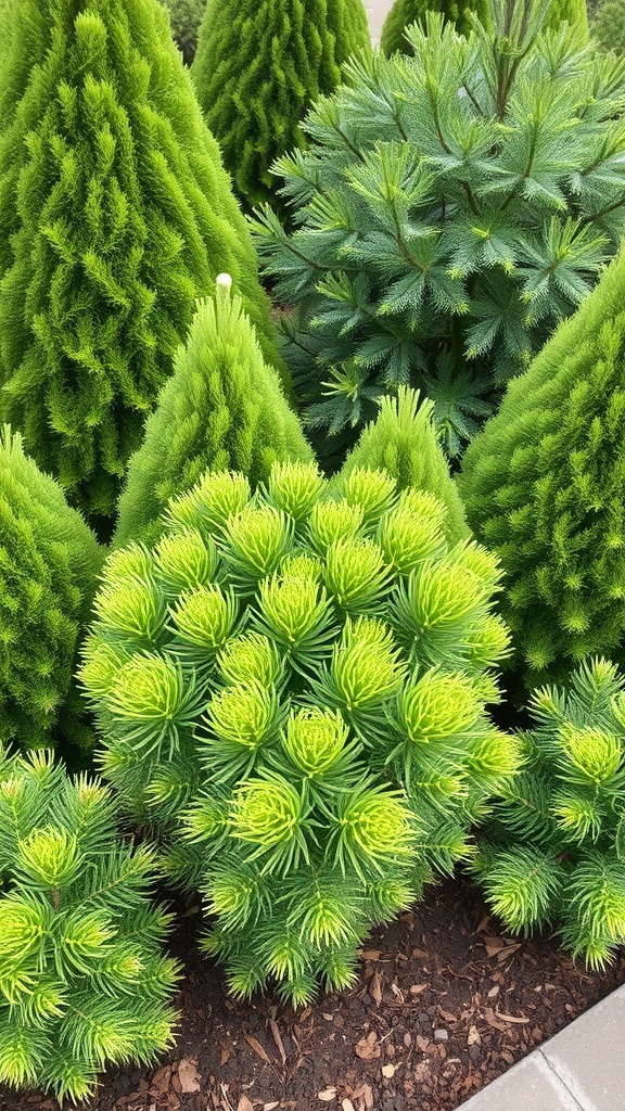 A variety of compact conifers in vibrant green shades, showcasing different shapes and textures.