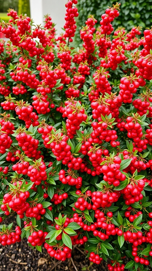 A lush Cotoneaster plant with bright red berries and green leaves.