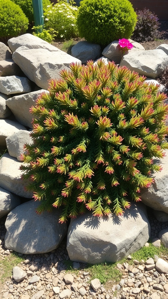 A lush Creeping Juniper plant with reddish tips growing among large rocks.
