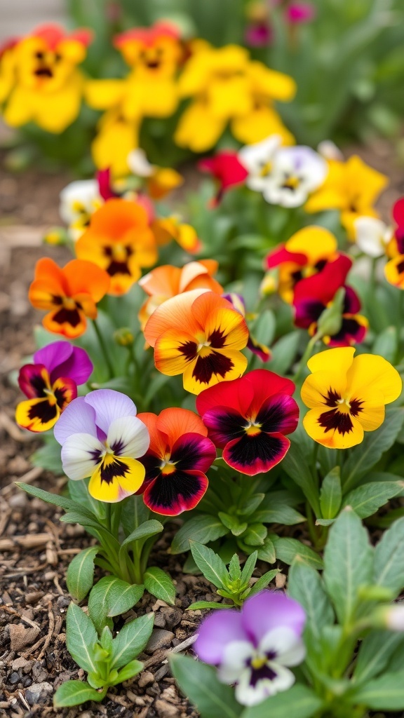 Colorful pansies in a garden, showcasing vibrant yellow, orange, red, and purple flowers.