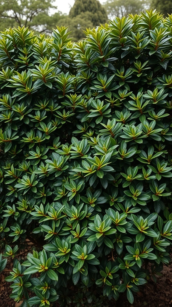 Close-up of Japanese Holly leaves, showcasing dense green foliage.