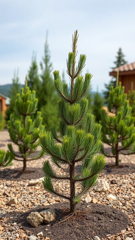 Pine trees in a garden setting, showcasing their green foliage and unique shapes.
