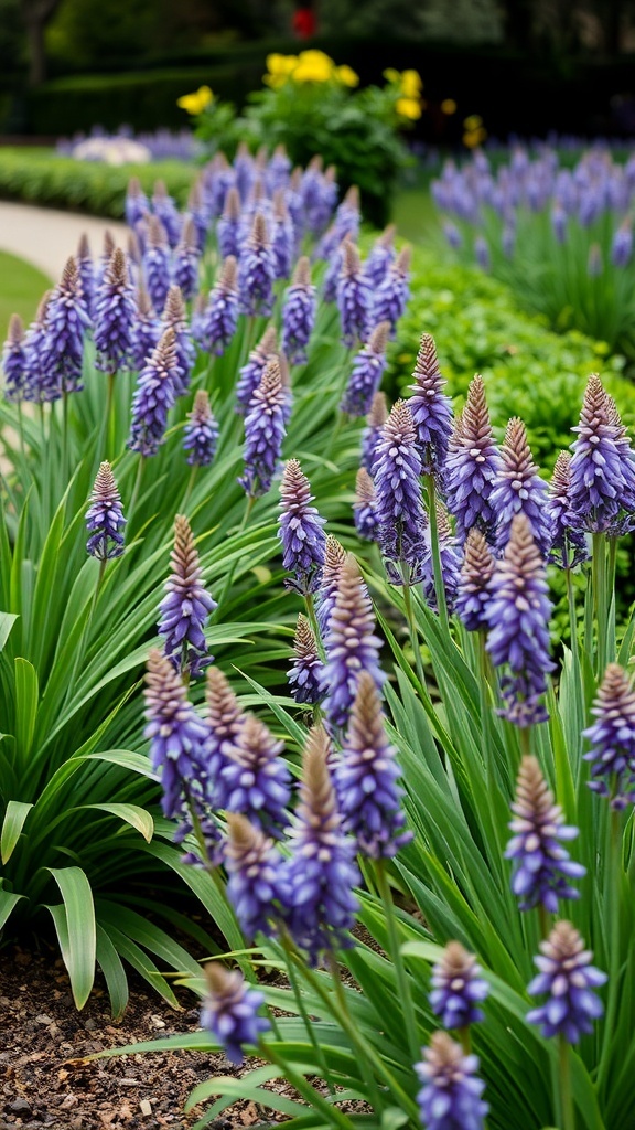 Liriope plants with purple flowers in a garden setting