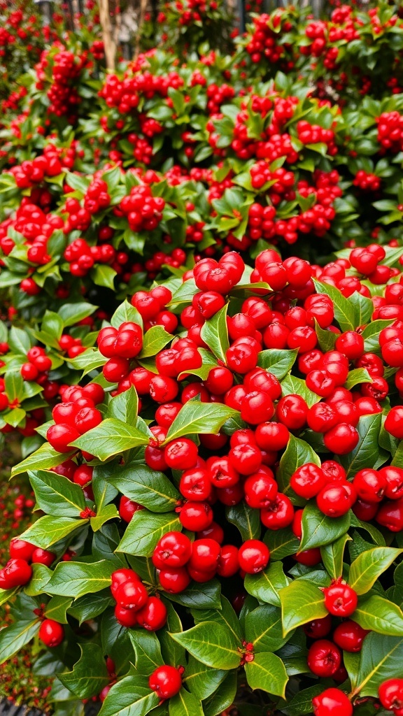 Close-up of holly plants with bright red berries and green leaves