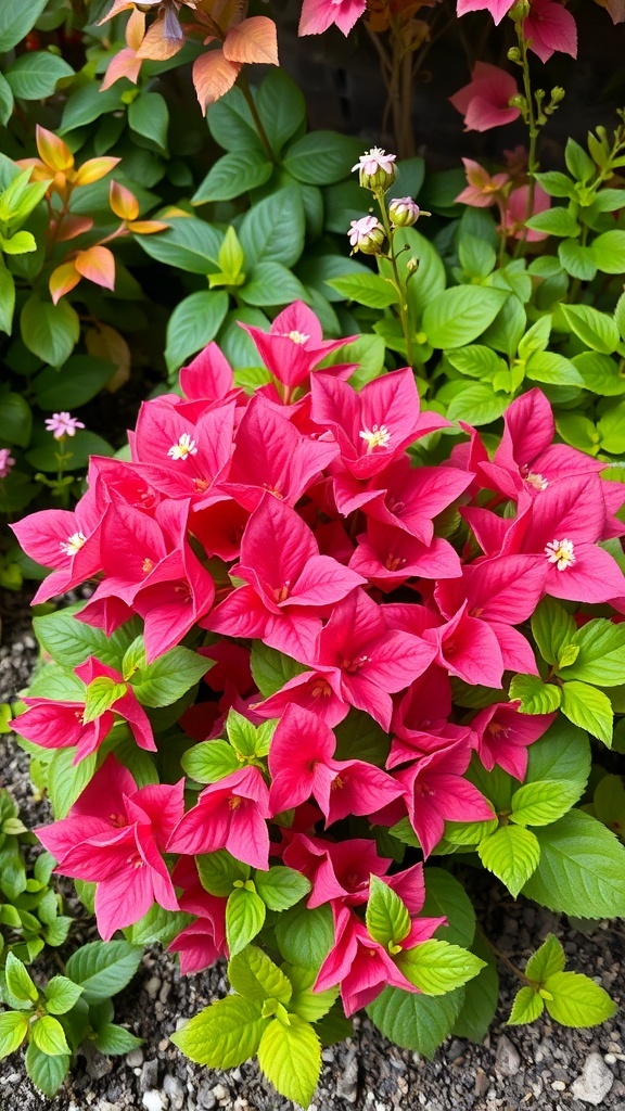 A vibrant display of Coral Bells with bright pink flowers and lush green leaves.