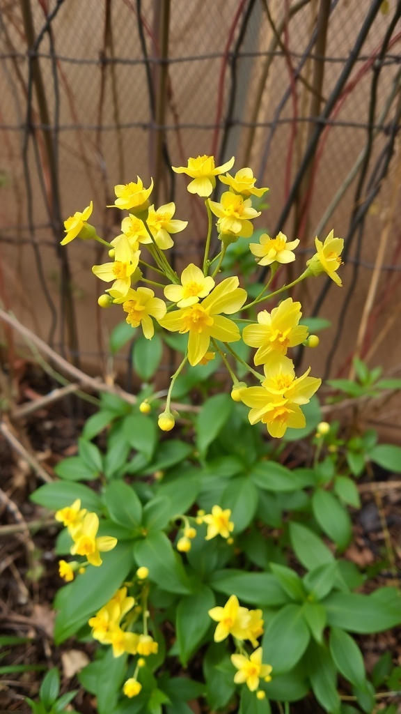 Bright yellow flowers of Winter Jasmine with green leaves