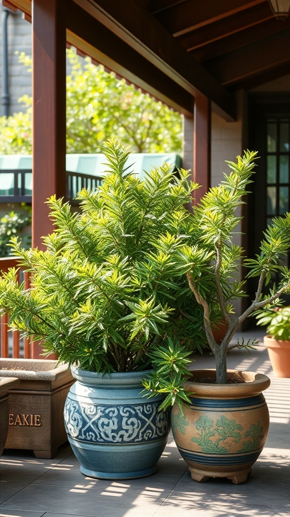 Two Chinese Evergreen plants in decorative pots on a patio