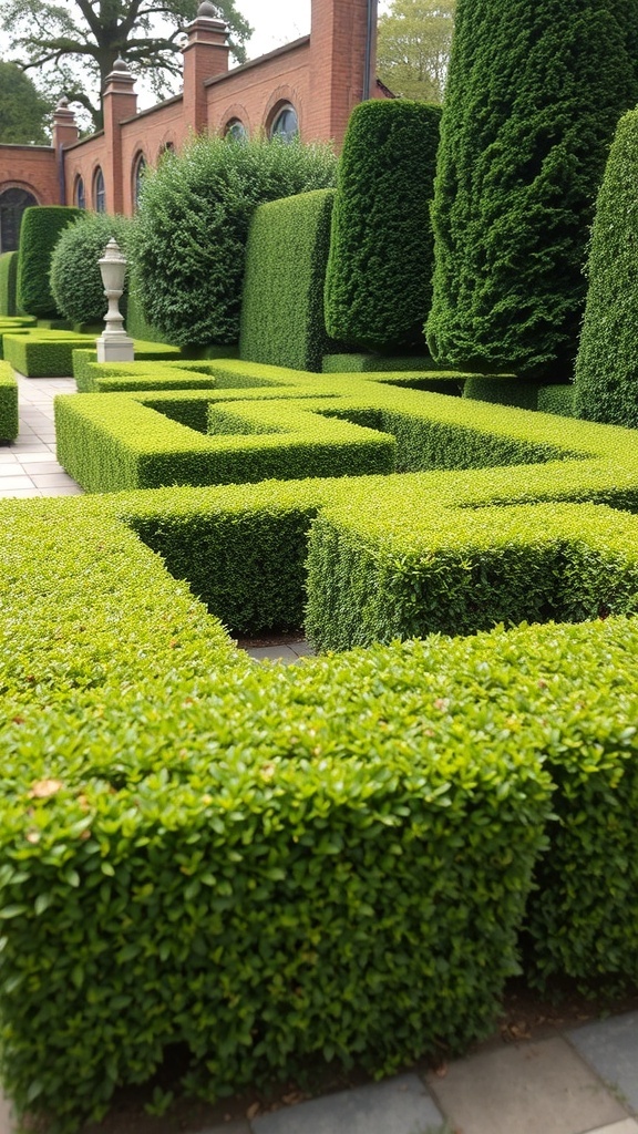 A manicured boxwood hedge in a garden, showcasing dense green foliage and geometric shapes.