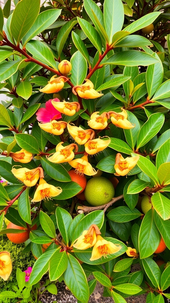 Pineapple Guava plant with pink flowers and colorful fruit