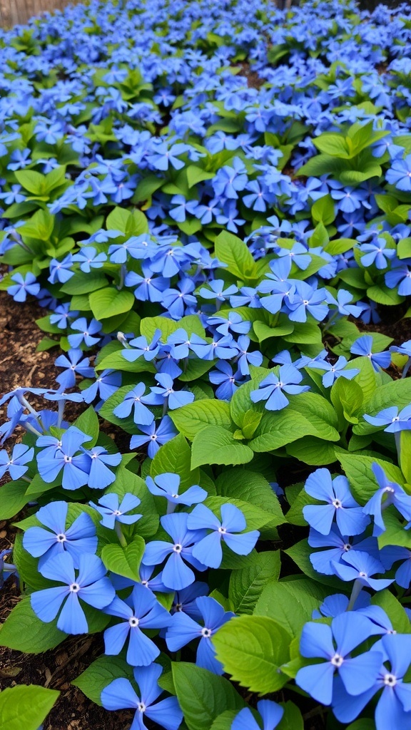 A vibrant display of blue periwinkle flowers with lush green leaves.