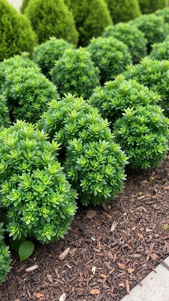 A row of lush Wintergreen Boxwood plants, showcasing their rounded shapes and vibrant green foliage.