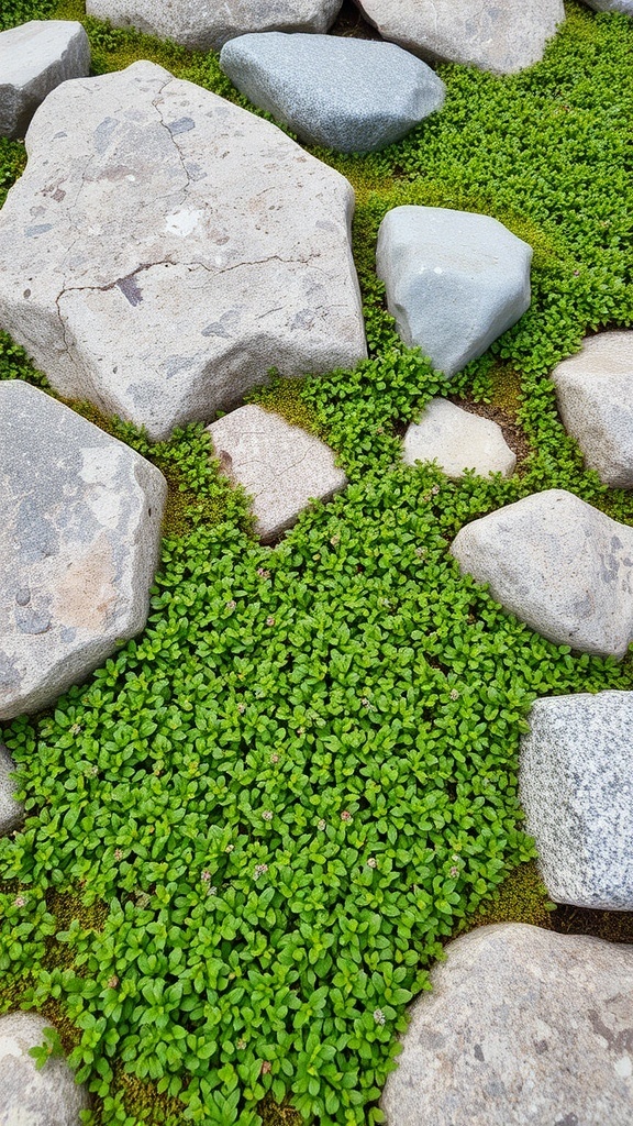 A lush carpet of creeping thyme growing between smooth stones.