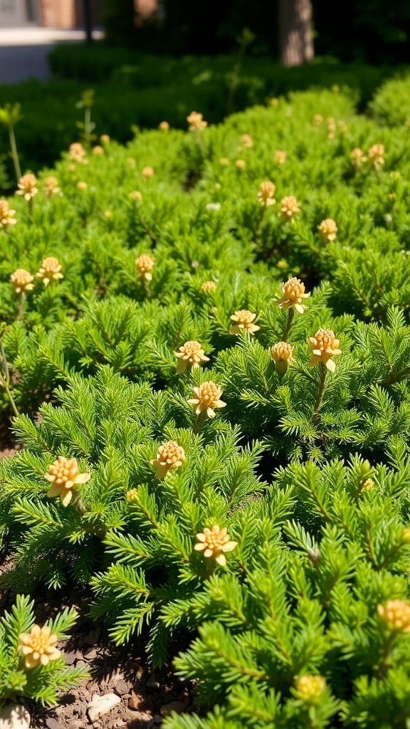 A close-up of dwarf junipers with small yellow flowers, showcasing their vibrant green foliage.