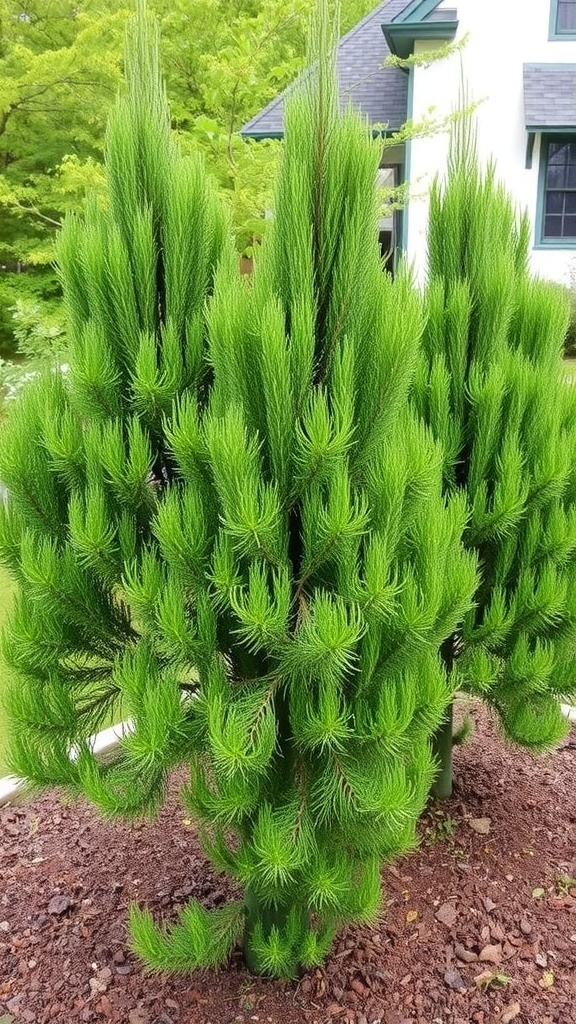 Row of uniquely shaped cedar trees in a garden