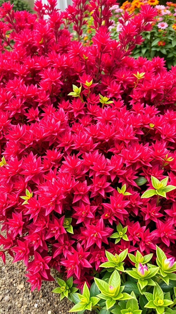 Vibrant red barberry plants with sharp leaves, showcasing their colorful foliage in a garden setting.