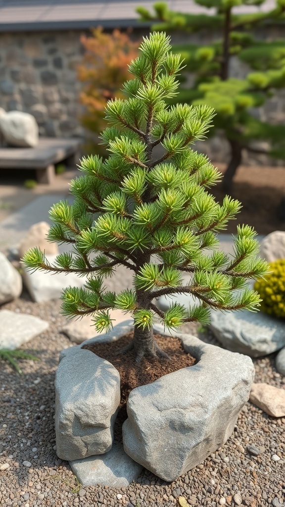 Dwarf Mugo Pine surrounded by stones in a garden setting