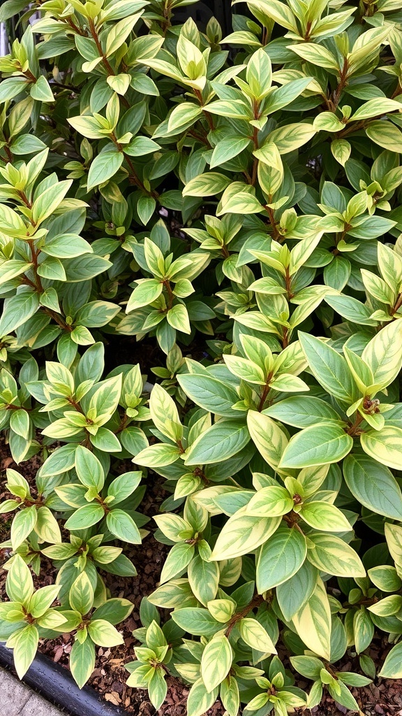 Lush green Euonymus plants with variegated leaves in a garden setting.