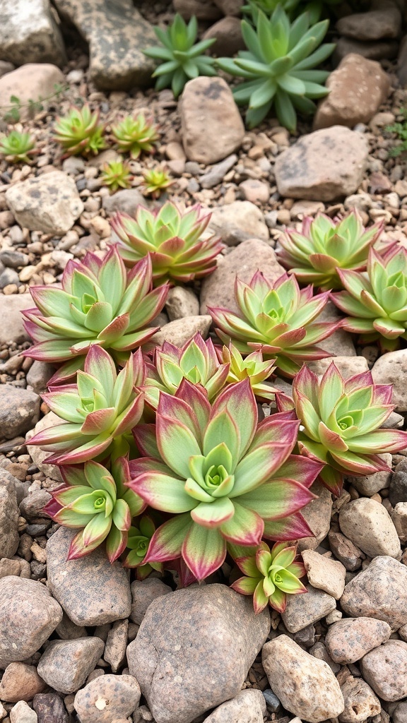 A cluster of Sedum plants with green leaves and pink edges growing among rocks.
