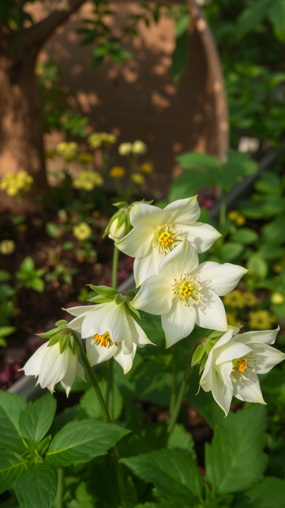 A cluster of hellebore flowers in a garden, showcasing pink and white petals with green leaves.