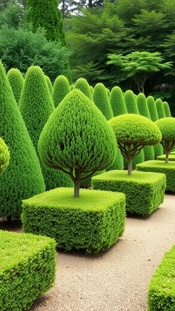 A beautifully manicured garden featuring Buxus Microphylla plants shaped into various forms, showcasing their lush green foliage.