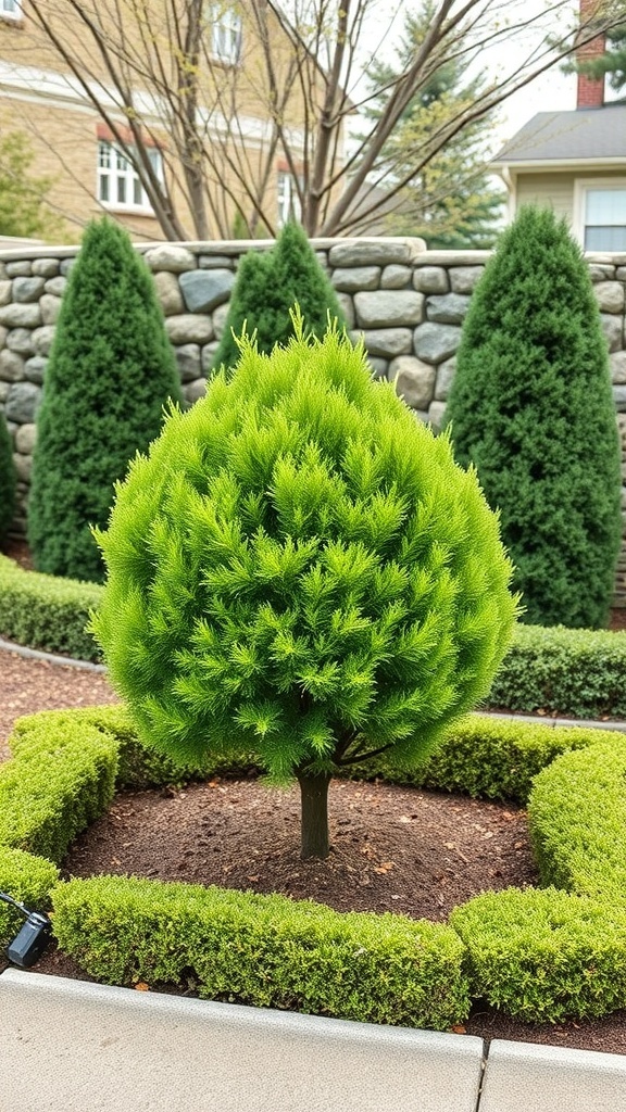 A well-shaped dwarf yew surrounded by a neatly trimmed hedge in a garden setting.
