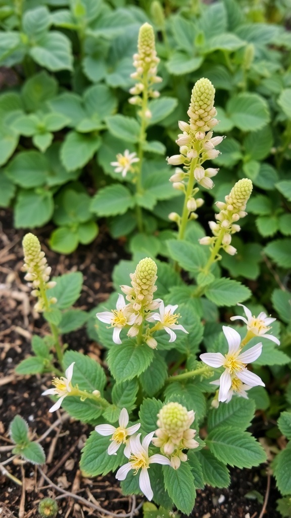 Dwarf Fothergilla plant with white flowers and green leaves