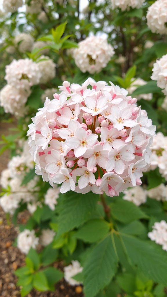 Close-up of Korean Spice Viburnum flowers, showcasing clusters of pink and white blooms.