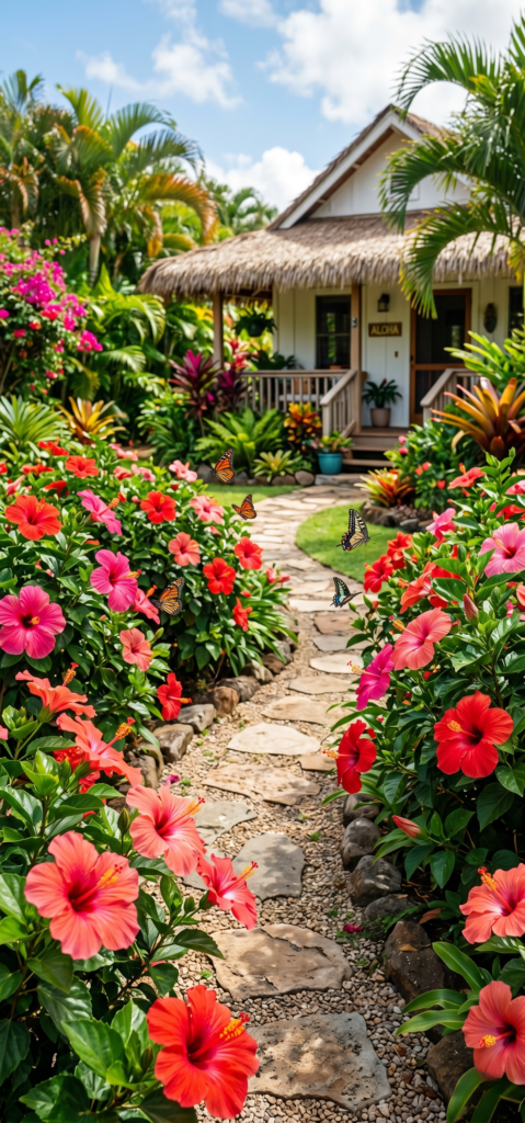 A beautiful pathway bordered by vibrant hibiscus flowers in red and pink, surrounded by lush greenery.