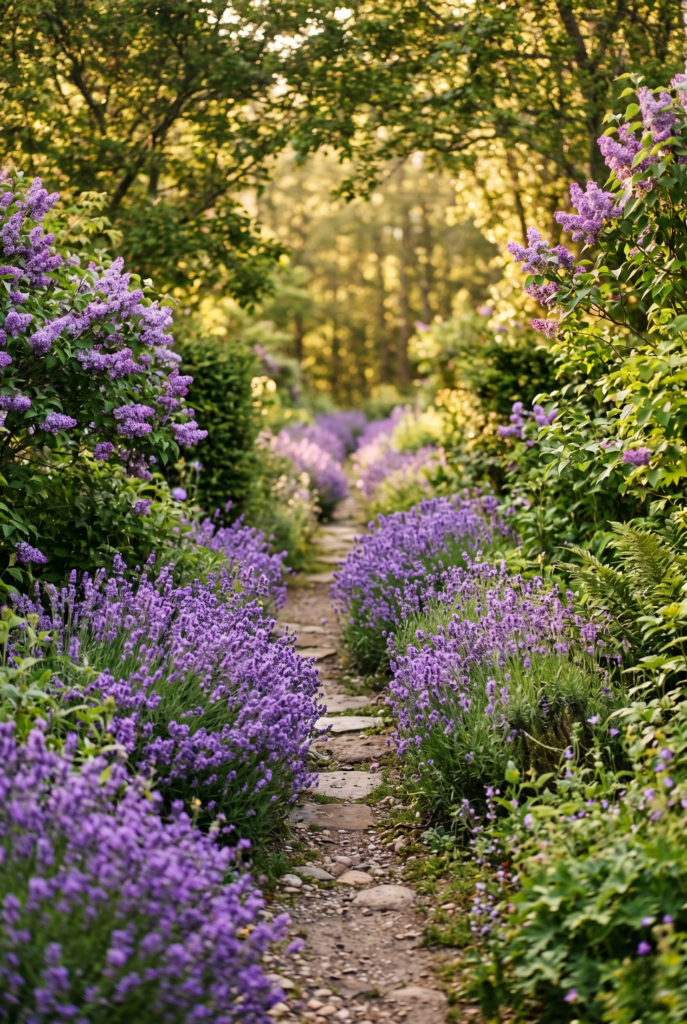 A pathway lined with purple flowers, creating a fragrant and inviting garden space.