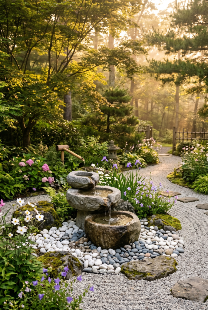 A tranquil Zen flower garden with a stone fountain, rocks, and lush greenery.