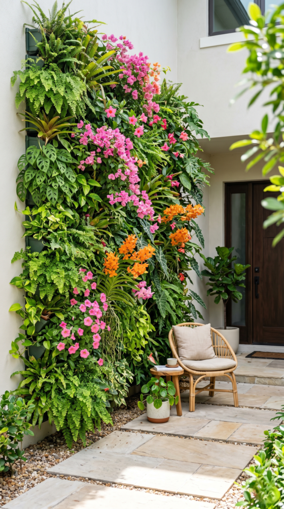 A vertical garden filled with tropical vines and colorful flowers.