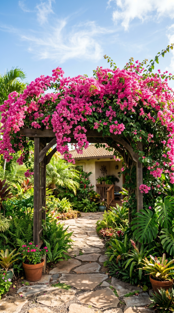 A vibrant display of pink bougainvillea flowers climbing a trellis against a white wall.