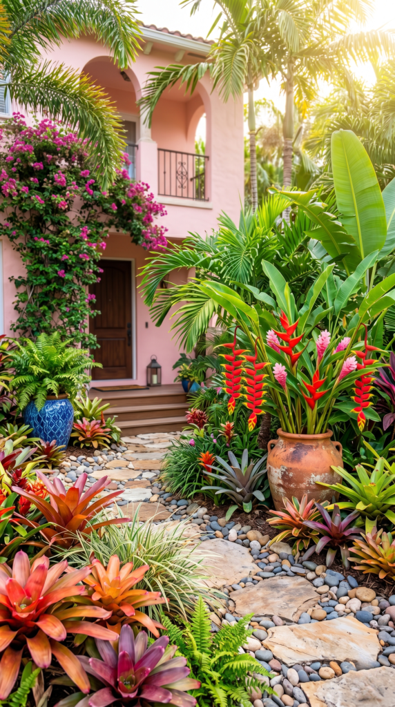 A vibrant tropical garden with lush green leaves and colorful plants against a pink background.
