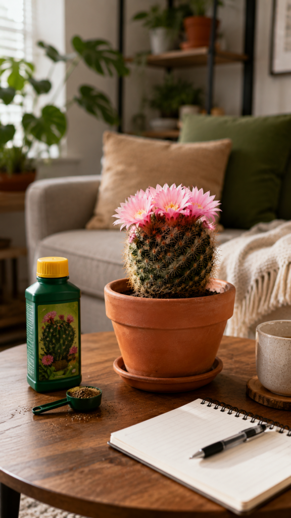 Blooming cactus at home with fertilizer and care tools for more flowers.