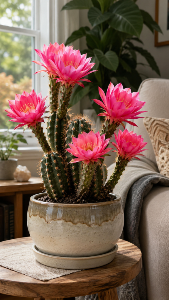 Blooming cactus with colorful flowers displayed in a cozy home living room.