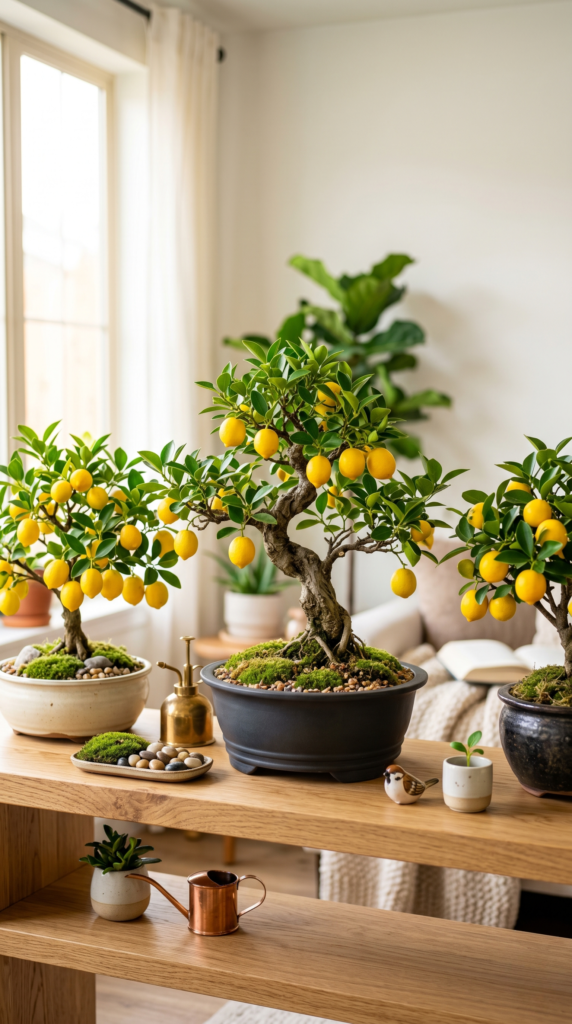 A vibrant bonsai tree with red and orange fruits,