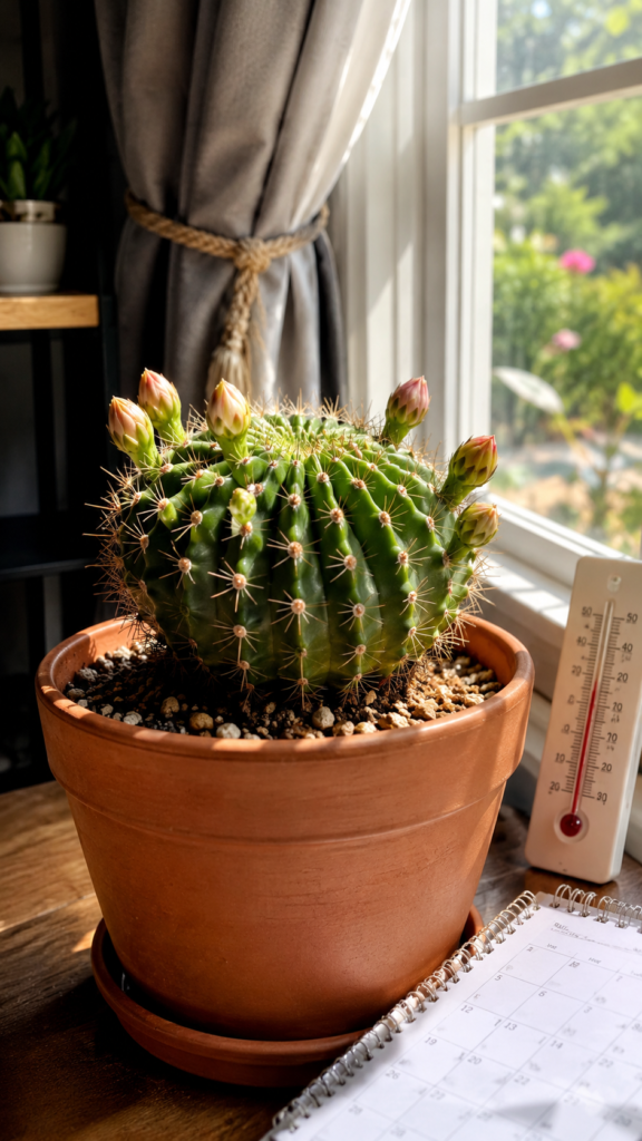 Cactus forming flower buds at home after proper light and temperature changes.