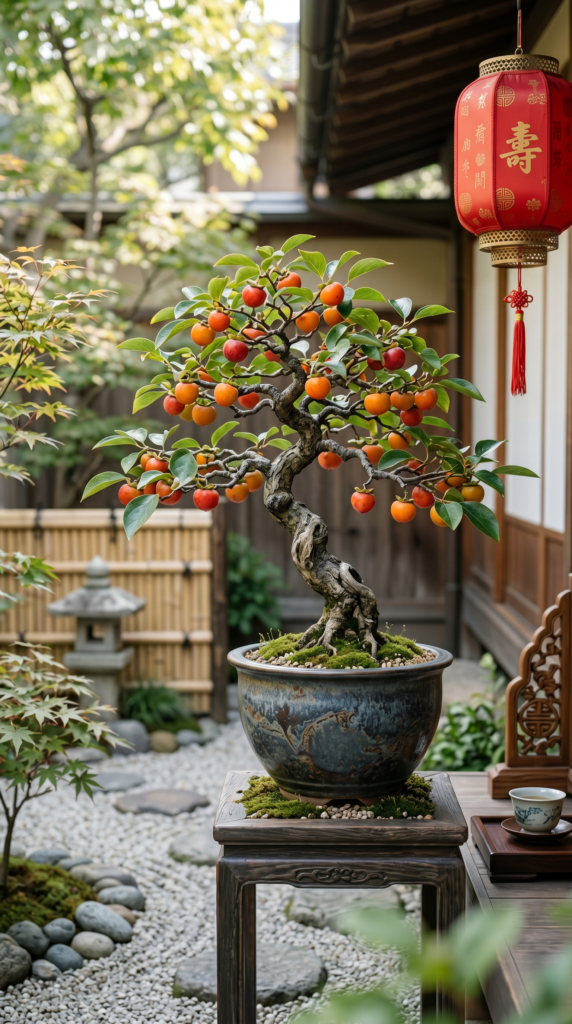 A bonsai tree with bright yellow fruits in a display setting.